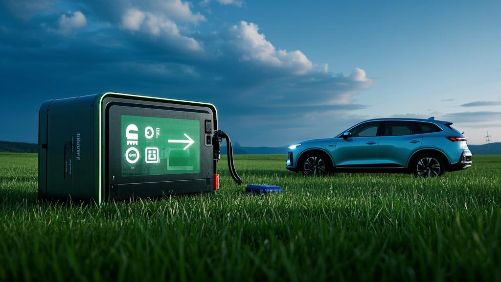 3新能源電池，草地背景，比例 16_9__，旁邊有部汽車